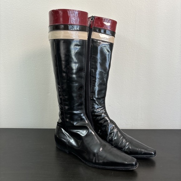 Burberry Shoes - Burberry Red Black Patent Leather Pointed-Toe Knee-High Riding Boots Womens 37.5